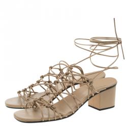 Pre Owned Chloe Beige Knotted Leather Block Heel Ankle Wrap Sandals Size 39.5