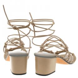 Pre Owned Chloe Beige Knotted Leather Block Heel Ankle Wrap Sandals Size 39.5