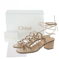 Pre Owned Chloe Beige Knotted Leather Block Heel Ankle Wrap Sandals Size 39.5