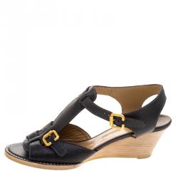 Pre Owned Chloe Black Leather T-Strap Wooden Wedge Sandals Size 40