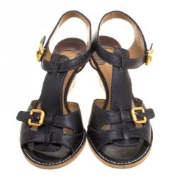 Pre Owned Chloe Black Leather T-Strap Wooden Wedge Sandals Size 40