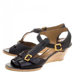 Pre Owned Chloe Black Leather T-Strap Wooden Wedge Sandals Size 40