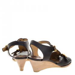 Pre Owned Chloe Black Leather T-Strap Wooden Wedge Sandals Size 40