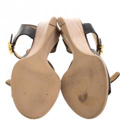 Pre Owned Chloe Black Leather T-Strap Wooden Wedge Sandals Size 40