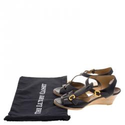 Pre Owned Chloe Black Leather T-Strap Wooden Wedge Sandals Size 40