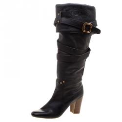 Pre Owned Chloe Black Leather Cross Strap Knee Length Boots Size 37