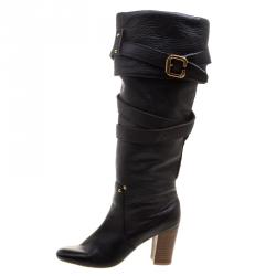 Pre Owned Chloe Black Leather Cross Strap Knee Length Boots Size 37