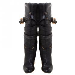 Pre Owned Chloe Black Leather Cross Strap Knee Length Boots Size 37