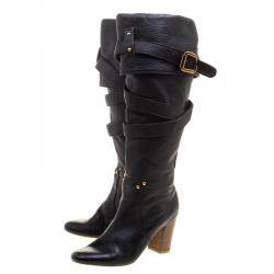 Pre Owned Chloe Black Leather Cross Strap Knee Length Boots Size 37