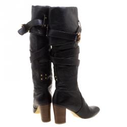 Pre Owned Chloe Black Leather Cross Strap Knee Length Boots Size 37