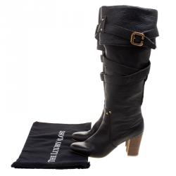 Pre Owned Chloe Black Leather Cross Strap Knee Length Boots Size 37