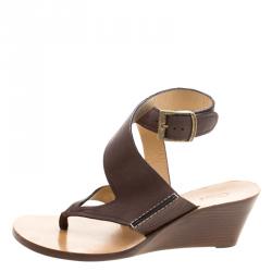 Pre Owned Chloe Brown Leather Ankle Wrap Wedge Sandals Size 41