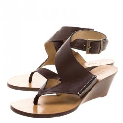 Pre Owned Chloe Brown Leather Ankle Wrap Wedge Sandals Size 41
