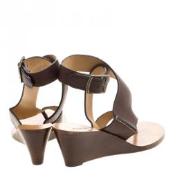 Pre Owned Chloe Brown Leather Ankle Wrap Wedge Sandals Size 41