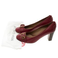 Pre Owned Chloe Red Leather Gold Buckle Pumps Size 39.5