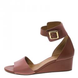 Pre Owned Chloe Nude Pink/Copper Leather Ankle Strap Wedges Size 39