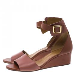 Pre Owned Chloe Nude Pink/Copper Leather Ankle Strap Wedges Size 39