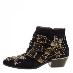 Pre Owned Chloe Black Suede Suzanna Studded Ankle Boots Size 36
