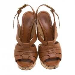 Pre Owned Chloe Brown Leather Wedge Slingback Sandals Size 36.5