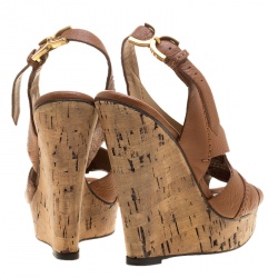 Pre Owned Chloe Brown Leather Wedge Slingback Sandals Size 36.5