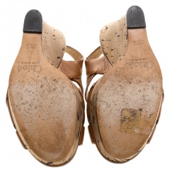 Pre Owned Chloe Brown Leather Wedge Slingback Sandals Size 36.5