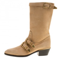 Pre Owned Chloe Beige Leather Susanna Buckle Detail Boots Size 37