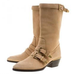 Pre Owned Chloe Beige Leather Susanna Buckle Detail Boots Size 37