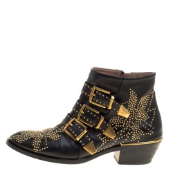 Pre Owned Chloe Black Leather Suzanna Studded Ankle Boots Size 36