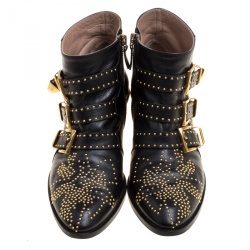 Pre Owned Chloe Black Leather Suzanna Studded Ankle Boots Size 36