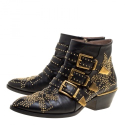 Pre Owned Chloe Black Leather Suzanna Studded Ankle Boots Size 36