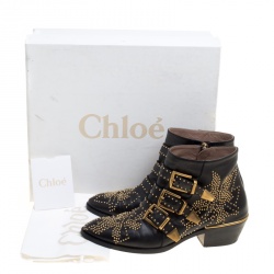 Pre Owned Chloe Black Leather Suzanna Studded Ankle Boots Size 36