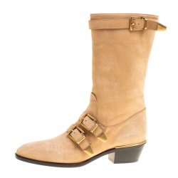 Pre Owned Chloe Beige Leather Susanna Buckle Detail Boots Size 38