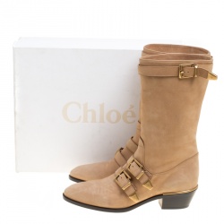 Pre Owned Chloe Beige Leather Susanna Buckle Detail Boots Size 38