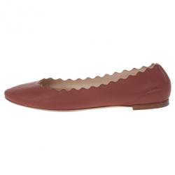 مملوكة مسبقًا Chloe Brown Leather Lauren Scalloped Ballet Flats Size 38.5
