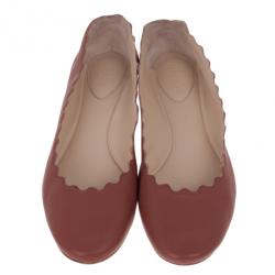 مملوكة مسبقًا Chloe Brown Leather Lauren Scalloped Ballet Flats Size 38.5