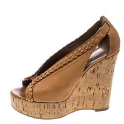 Pre Owned Chloe Brown Leather Braided Detail Cork Wedge Sandals Size 39.5