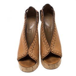 Pre Owned Chloe Brown Leather Braided Detail Cork Wedge Sandals Size 39.5