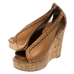 Pre Owned Chloe Brown Leather Braided Detail Cork Wedge Sandals Size 39.5