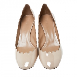 Pre Owned Chloe Beige Patent Leather Lauren Scallop Trim Block Heel Pumps Size 38