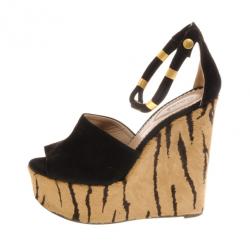 Pre Owned Chloe Suede & Pony Hair Ankle Strap Platform Wedges Size 38