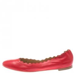 Pre Owned Chloe Red Leather Lauren Scalloped Ballet Flats Size 40.5