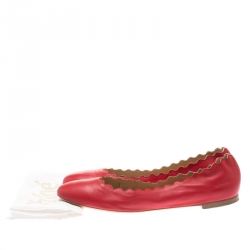 Pre Owned Chloe Red Leather Lauren Scalloped Ballet Flats Size 40.5