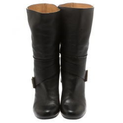 Pre Owned Chloe Black Leather Mid-Calf Buckle Boots Size 38.5