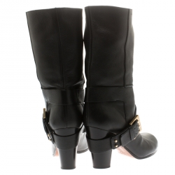 Pre Owned Chloe Black Leather Mid-Calf Buckle Boots Size 38.5
