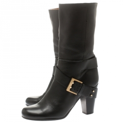 Pre Owned Chloe Black Leather Mid-Calf Buckle Boots Size 38.5