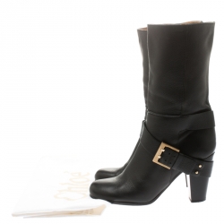 Pre Owned Chloe Black Leather Mid-Calf Buckle Boots Size 38.5