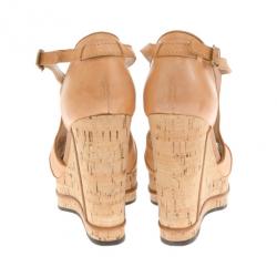 Pre Owned Chloe Beige Leather T Strap Cork Wedge Sandals Size 38