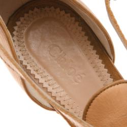 Pre Owned Chloe Beige Leather T Strap Cork Wedge Sandals Size 38