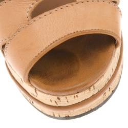 Pre Owned Chloe Beige Leather T Strap Cork Wedge Sandals Size 38