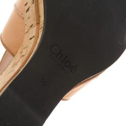 Pre Owned Chloe Beige Leather T Strap Cork Wedge Sandals Size 38